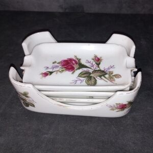 Vintage Ceramic Rose Painted Personal Ashtrays with Holder